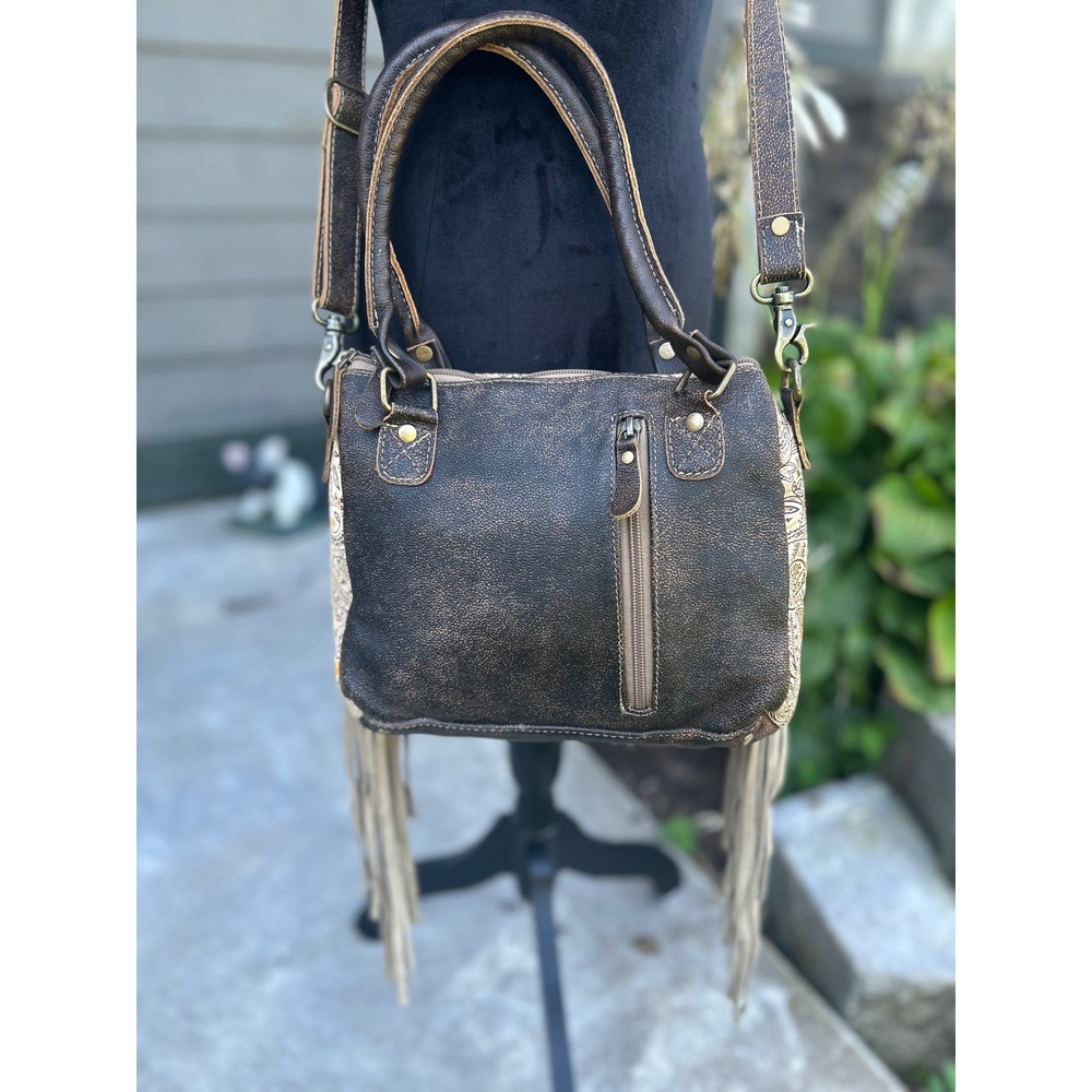 Myra Bag Katherina Cowhide Paisley Leather Fringe Western Crossbody Satchel - Picture 10 of 10